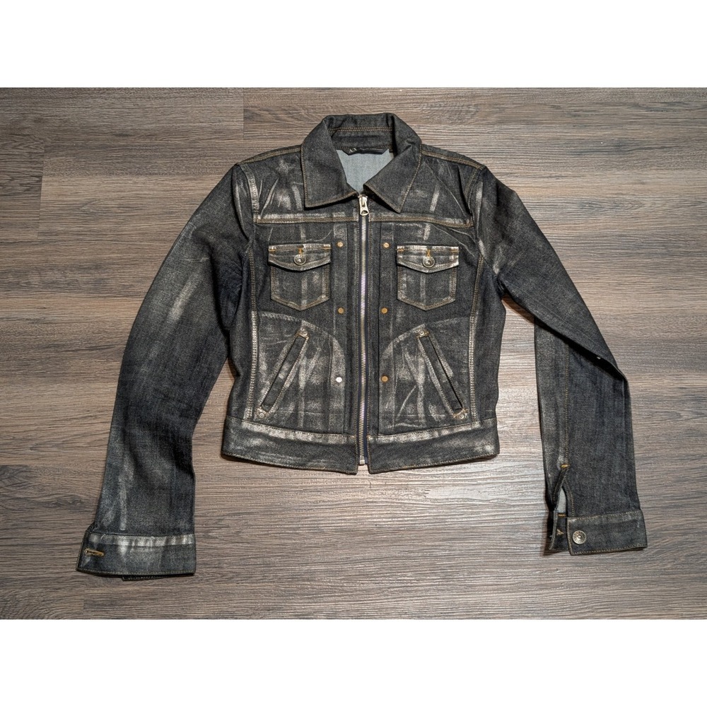 Armani Exchange Small Black Metallic Silver Coated Denim Cropped Zip Jacket S‎